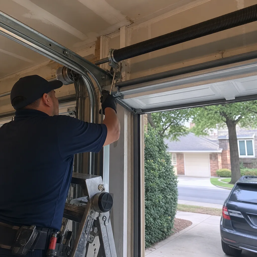 Technician performing professional garage door cable repair on a ladder