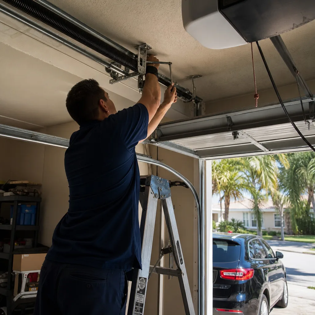 Technician performing professional garage door cable repair on a ladder