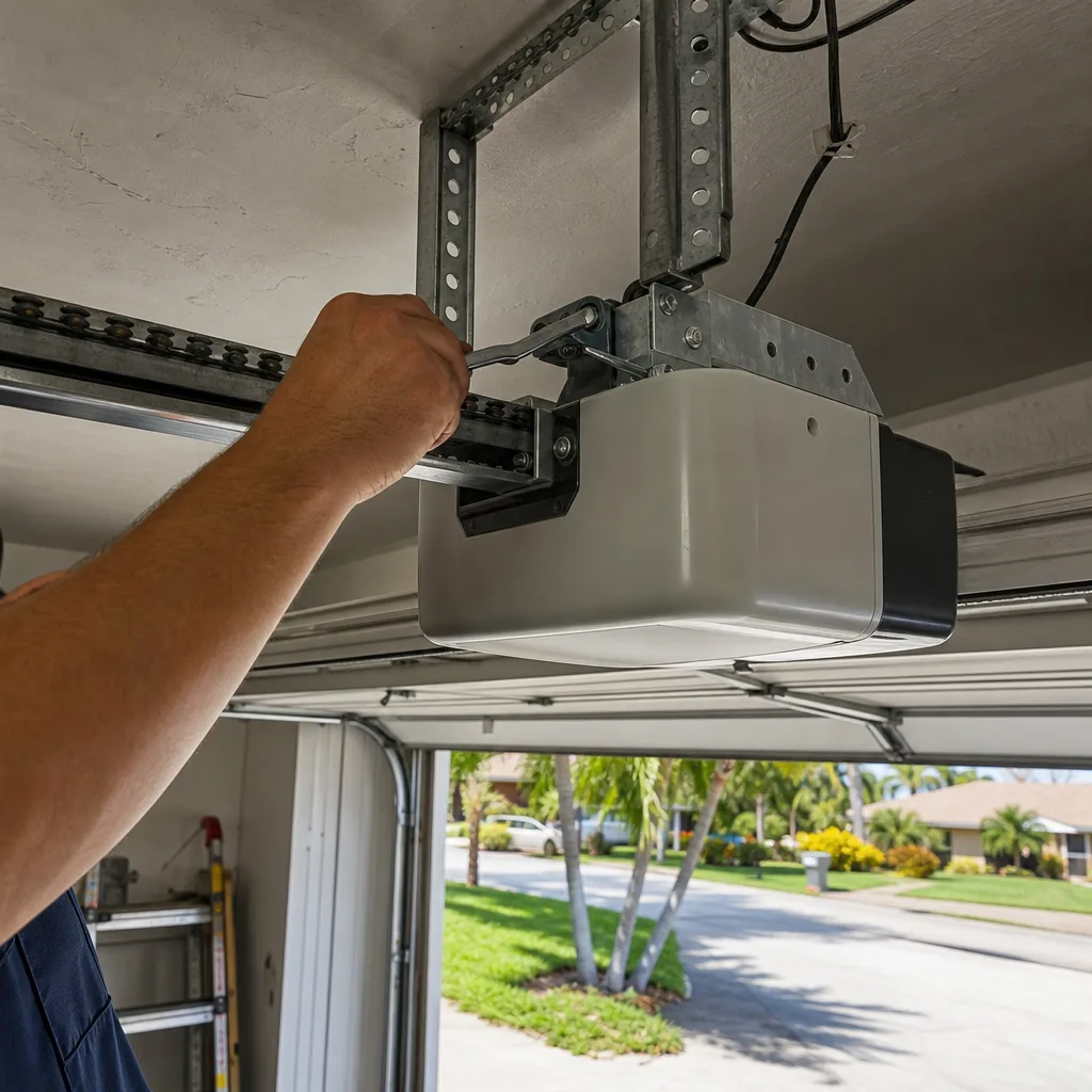 Technician using a wrench to repair a residential garage door opener