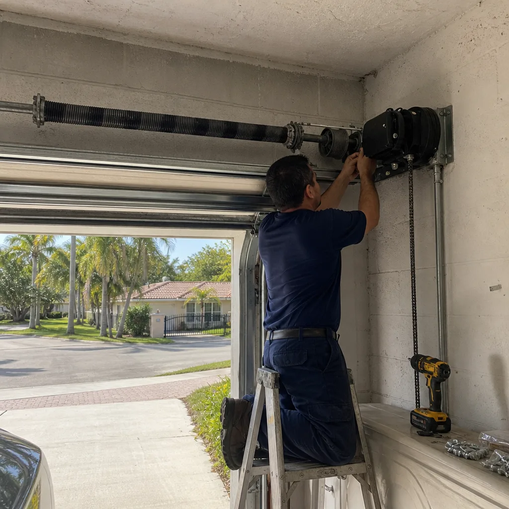 Technician performing garage door opener repair in residential garage