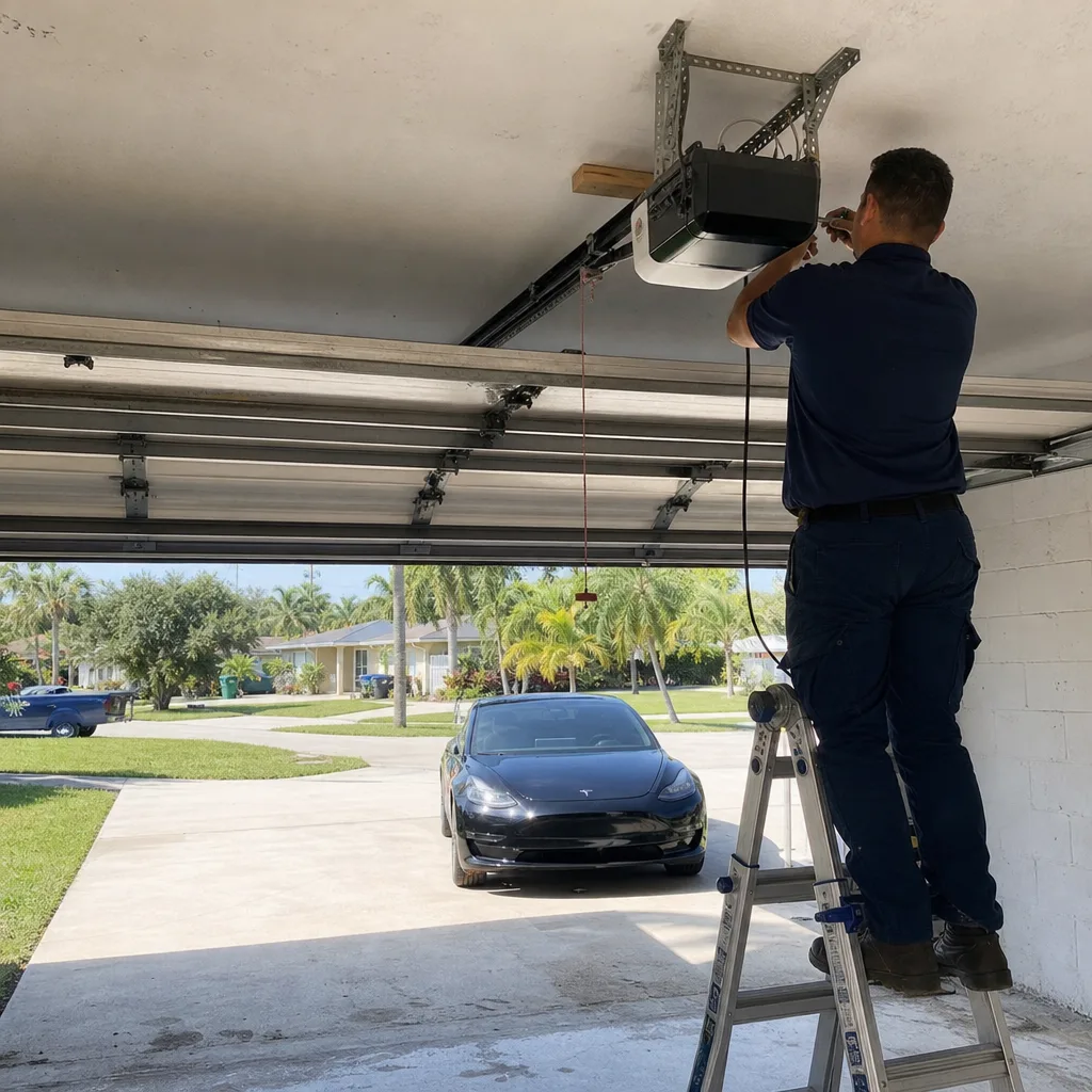 Technician performing professional garage door opener repair service